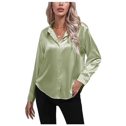 Kuukaas camicia da donna in raso, elegante, a maniche lunghe, con bottoni, tinta unita, 14# verde chiaro, m