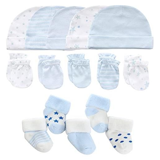 MAMIMAKA cappellini per neonati e calzini caldi spessi in cotone accessori essenziali per neonati (cappelli+guanti+calzini in spugna), 0-6 mesi, set-5 grigio/bianco, 0-6 months