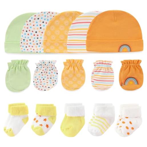 MAMIMAKA set di vestiti per neonati e calzini in spugna per neonati in cotone, calzini caldi spessi per bambini guanti per cappelli da graffi per 0-6 mesi, set da 4. , 0-6 mesi