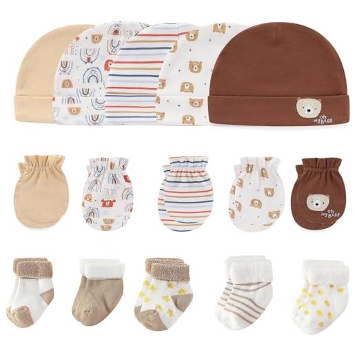MAMIMAKA baby caps guanti e calzini caldi spessi cotone accessori essenziali per neonati (cappelli+guanti+calzini in spugna), 0-6 mesi, set da 13 orsetti beige/kaki, 0-6 mesi