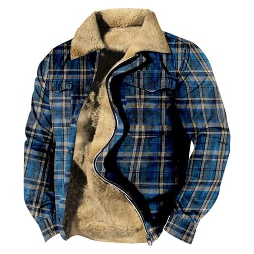 UnoSheng giacca a quadri in lana calda foderata da uomo, giacca spessa invernale, giacca classica con zip online shopping, blu, xxl