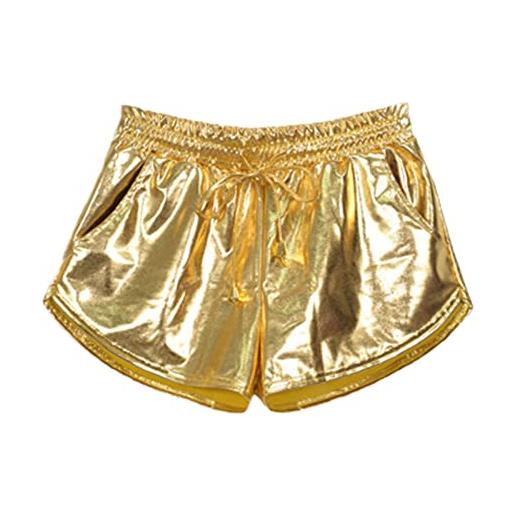 Pohullan pantaloncini metallici lucidi da donna estivi casual elastico con coulisse festival rave booty shorts, oro, s