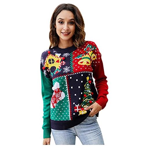 GENJ maglione natalizio da donna, lavorato a maglia, con renna e fiocchi di neve, lavorato a maglia, da donna, maglione natalizio, rosso-a, xl