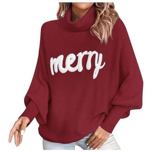 AeasyG womens turtleneck sweaters fall fashion letter merry christmas chunky knitted sweatshirt oversized batwing long sleeve xmas holiday pullover sweater top
