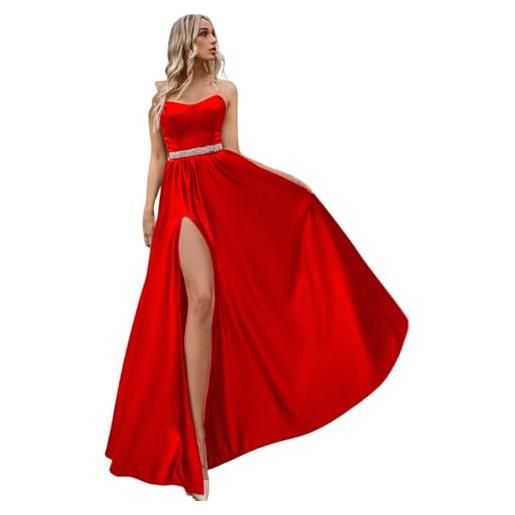 Generico abito donna vestito lungo scollo cuore spacco alto elegante rosso/taglia unica