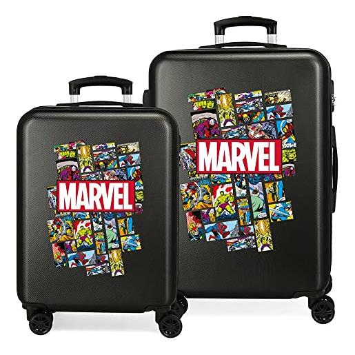 Marvel avengers comic set valigie nero 55/68 cms rigida abs chiusura a combinazione numerica 104l 4 doppie ruote bagaglio a mano