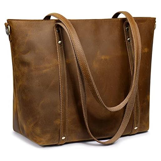 S-ZONE - borsa a tracolla in vera pelle per le donne, stile vintage, con tracolla, marrone chiaro, large, 