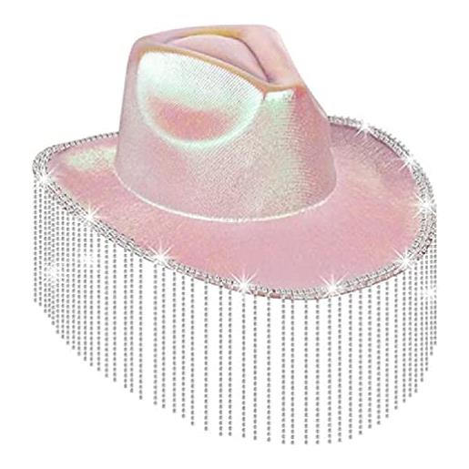 WUURAA shinny-strass top hat per le donne western cowgirl hat wide brim blingbling fedora-hat musical festival headwear cowgirl hat con nappe, rosa, 55-60cm/21.65-23.62inch