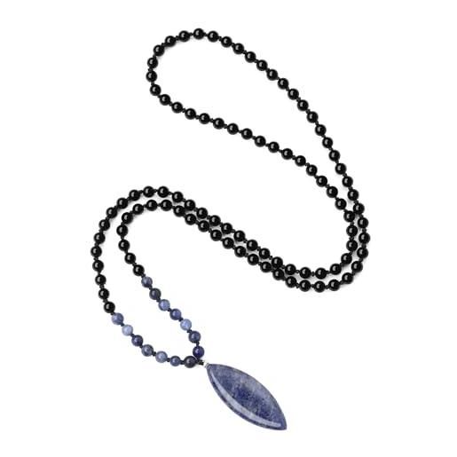 COAI collana rosario mala 108 perle di pietre naturali onice nero e sodalite annodate a mano con ciondolo foglia di sodalite