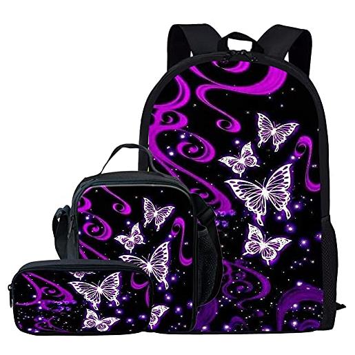 Kuiaobaty sacchetto di scuola set per ragazze ragazzi 3 in 1 zaino con borsa pranzo astuccio per la scuola di medio college, farfalla viola, taglia unica