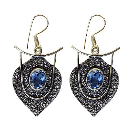 Tibetan Silver topazio blu pietra preziosa goccia ciondola orecchini per le donne, fatto a mano moda progettista placcato argento 925 orecchino, etnico design gioielli per feste