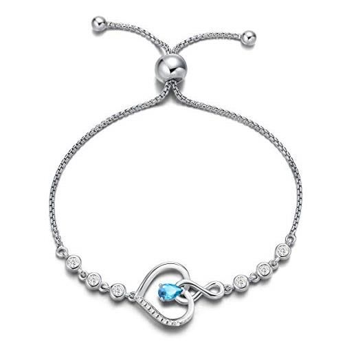 Agvana bracciali da donna, regolabile braccialetto infinity heart in argento sterling 925, acquamarina pietra portafortuna di marzo bracciale pietra gemma regalo di gioielleria per donna regalo