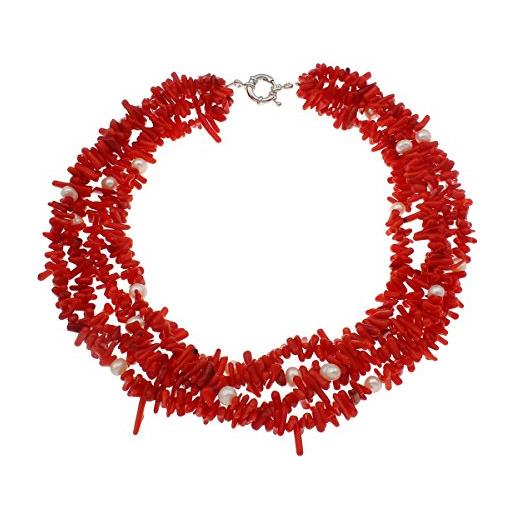 TreasureBay - collana girocollo con corallo e perle d'acqua dolce, lunga 46 cm, stile moderno, in confezione regalo, colore: rosso/bianco