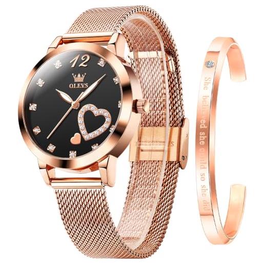 OLEVS orologi da donna in acciaio inox oro rosa cinturino a rete cuore diamante moda vestito giapponese quarzo impermeabile luminoso set braccialetto, nero , bracciale