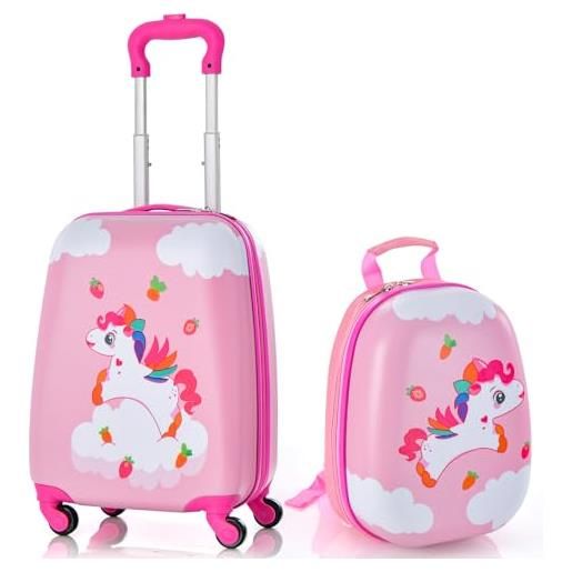 GYMAX trolley per bambini, set di valigia & zaino scuola carino (12+16, unicorno colorato)