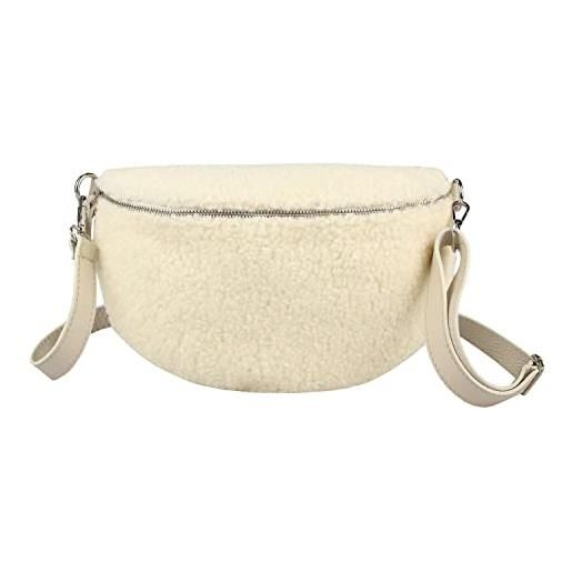 ITALYSHOP24 made in italy - marsupio da donna in pelle con orsacchiotto, marsupio, in pelliccia sintetica, beige 30x20x7 cm, borsa a