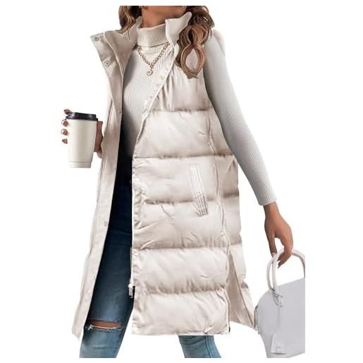 ORANDESIGNE gilet donna lungo giacca con cappuccio invernali caldo cappotto senza maniche spesso gilet giubbotto con cerniera giacche lunga cappotti con tasche piumino smanicato a beige m