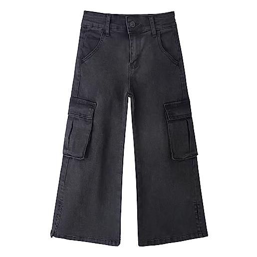 KIDSCOOL SPACE jeans cargo da ragazza grandi con tasca con patta, gamba larga e pantaloni boyfriend in denim con orlo diviso, deep blue, 12