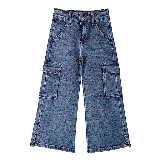 KIDSCOOL SPACE jeans cargo da ragazza grandi con tasca con patta, gamba larga e pantaloni boyfriend in denim con orlo diviso, azzurro, 18