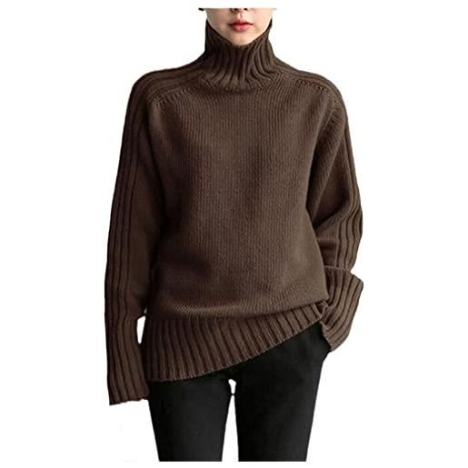 YTR6RTW maglione caldo di base del pullover del collo alto allentato per le donne molle del maglione solido della maglia superiore, marrone scuro, taglia unica