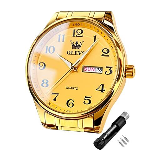 OLEVS orologio da uomo facile da leggere orologio da polso con cinturino in acciaio inox calendario impermeabile, 5567: dorato