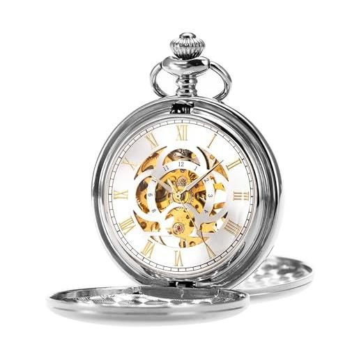 SIBOSUN orologio da taschino con catena analogico a carica manuale bi-hingegeged, antico romano, argento inciso, orologio da tasca da uomo