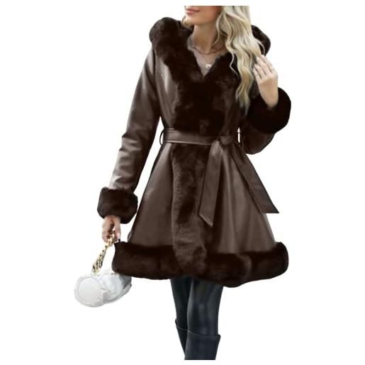 Giolshon giacca foderata in pelliccia sintetica da donna con soprabito parka lungo con cintura spessa con cappuccio 242 nero l