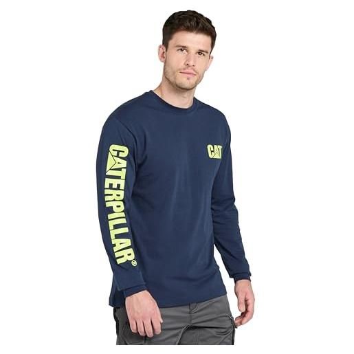 Caterpillar men's trademark banner long sleeve tee shirts with center back neck wire management loop and cat logo, detroit blue