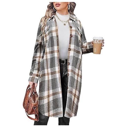 Jhsnjnr camicia da donna a maniche lunghe in flanella, a quadri, casual, con bottoni, nero grigio, xl