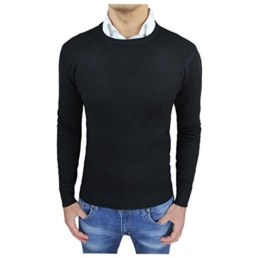 Mat Sartoriale maglione golfino uomo nero slim fit aderente maglia girocollo con toppe pullover casual (xl)