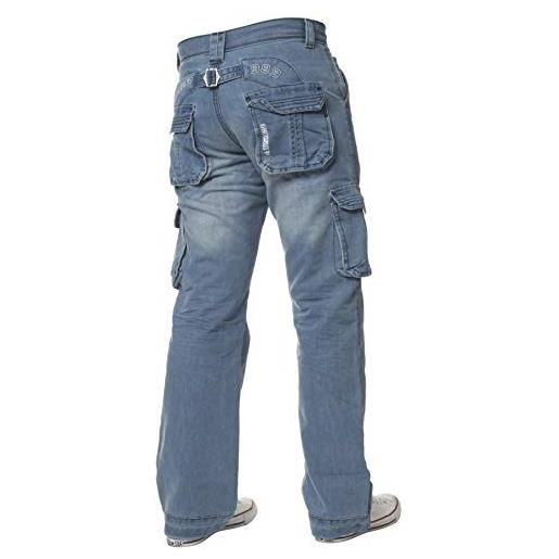 Ze ENZO pantaloni jeans denim cargo da combattimento firmati per uomo stonewash chiaro 42w / 30l