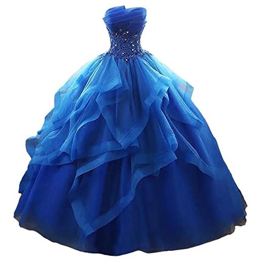 SAYNO abito di sfera lungo con volant abiti quinceanera senza spalline in pizzo tulle perline abito da sera principessa, blu reale, 54