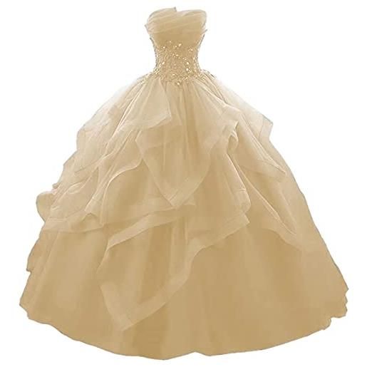 SAYNO abito di sfera lungo con volant abiti quinceanera senza spalline in pizzo tulle perline abito da sera principessa, champagne, 46