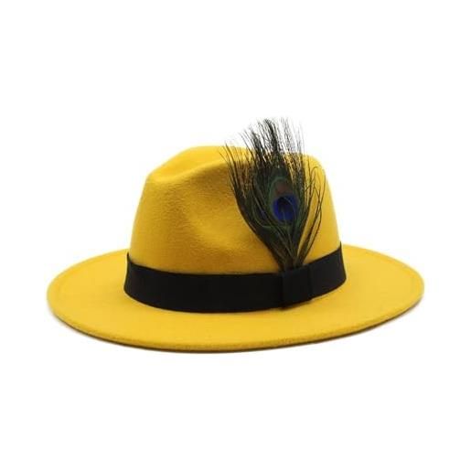 BROEL zezhen cappelli cappello a tesa larga in lana autunno e inverno cappello casual in piuma di pavone cappello jazz da uomo e da donna (colore: giallo, dimensione: medium(56-58cm))