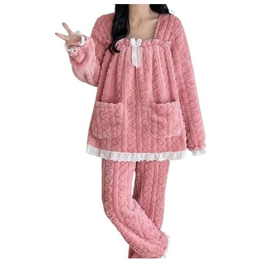 HanDucks pigiama da donna in pile polare, set invernale termico, lungo, morbido, da notte, con top lungo e pantaloni per il pigiama invernale, rosa 1, s