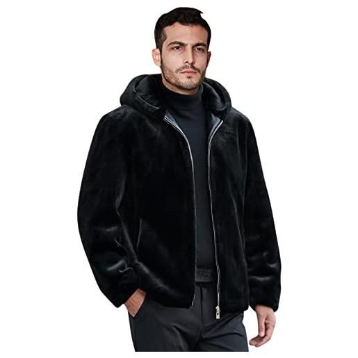 Generic giacca in pelliccia sintetica da uomo con cappuccio, per autunno e inverno, con chiusura lampo, giacca corta in pelliccia sintetica, vestibilità comoda, casual, morbida, per le mezze stagioni, 