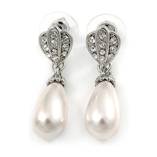 Avalaya orecchini a goccia con perle finte bianche in cristallo trasparente, colore argento, lunghezza 37 mm, misura unica, cristallo gemma argento