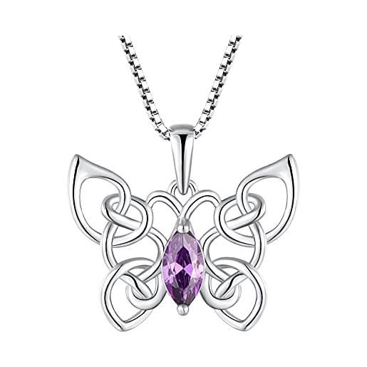 FJ collana farfalla argento 925 collana nodo celtico ciondolo con febbraio pietra portafortuna ametista gioielli regalo per donna