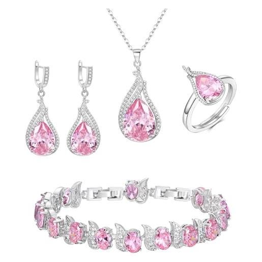 Clearine set di gioielli da donna in argento con lacrima di zirconi cubici collana con orecchini bracciale e anello regolabile aperto per tono rosa argento, zirconia cubica, zirconia cubica