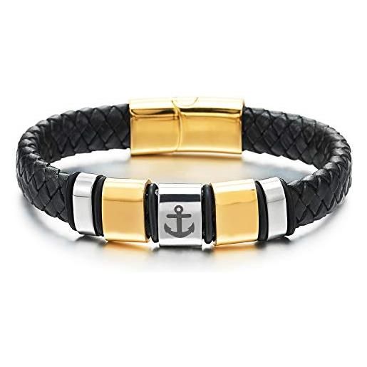 COOLSTEELANDBEYOND uomo braccialetto di pelle, bracciale di nero cuoio intrecciato, argento oro charms in acciaio con marino ancora