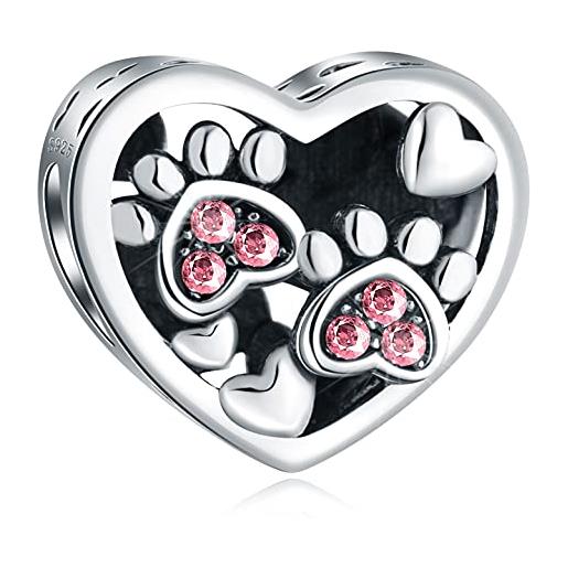 CRISNATA cucciolo cane zampa stampa charms con birthstone di ottobre, si adatta al braccialetto animale pandora, perline a cuore con stampa di cristallo rosa in argento sterling 925, regali per amanti degli