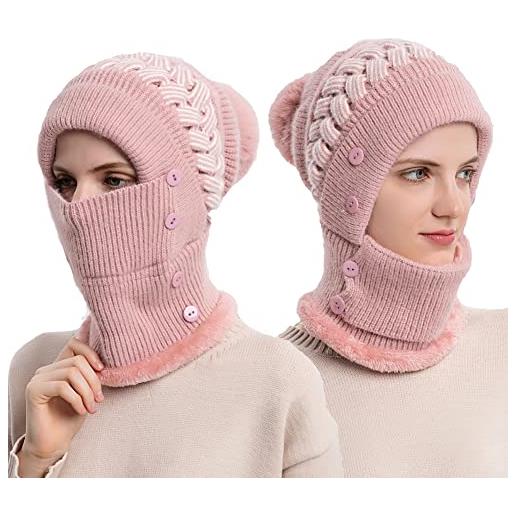 YAMEE passamontagna da donna in pile, berretto invernale con sciarpa invernale da donna, set invernale caldo, berretto da sci, maschera per sport all'aria aperta, 1/rosa, taglia unica