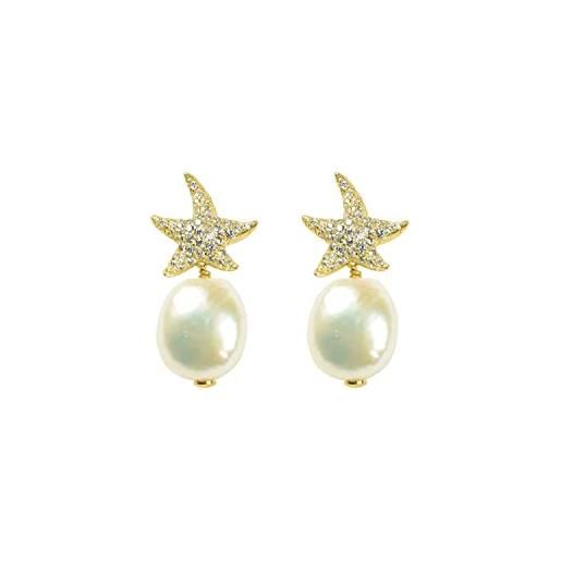 Misis - orecchino donna ragazza in argento placcato oro 18kt - stella con zirconi - pendente perla di fiume - made in italy, medium