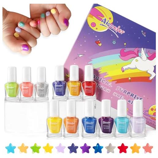 Aieenjor set di smalti per unghie per bambini, 12 colori non toxic peel-off quick dry nail polish, cofanetto regalo per ragazze 3+ bambini