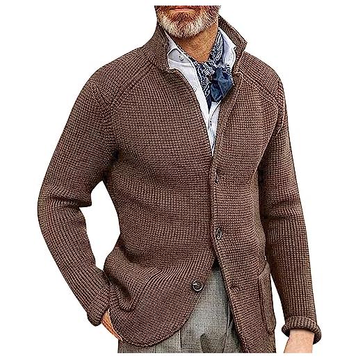 OBiQuzz cardigan da uomo con colletto alto, cardigan con bottoni, classico, per le mezze stagioni, in pile, invernale, alla moda, con tasche, a maglia leggera, cachi, xxxxl