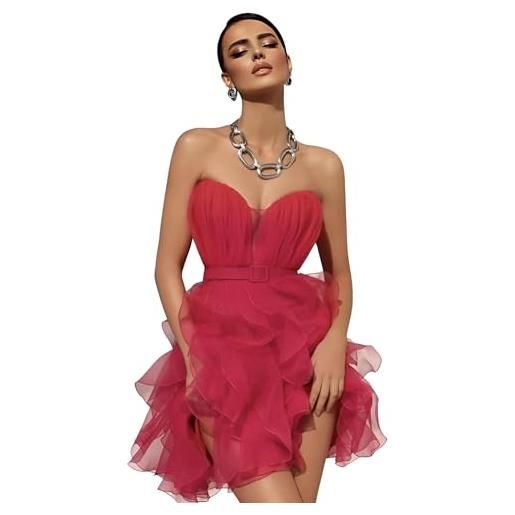 Generico vestito donna scollo cuore bustier balze tulle elegante cerimonia corallo/taglia unica