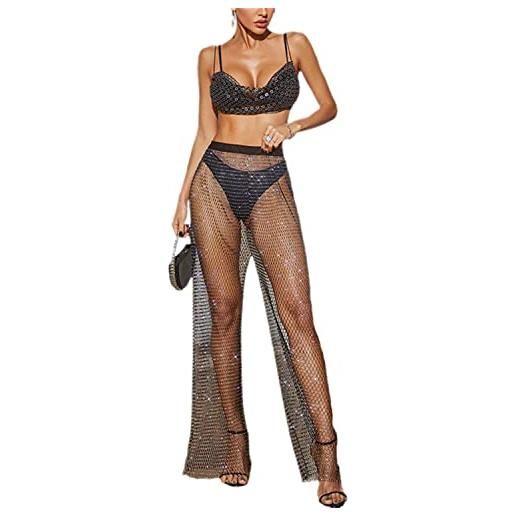 tinetill abiti da spiaggia in rete da donna abito a rete trasparente con strass copricostume per bikini rave festival abito trasparente nero abito a sottoveste streetwear clubwear