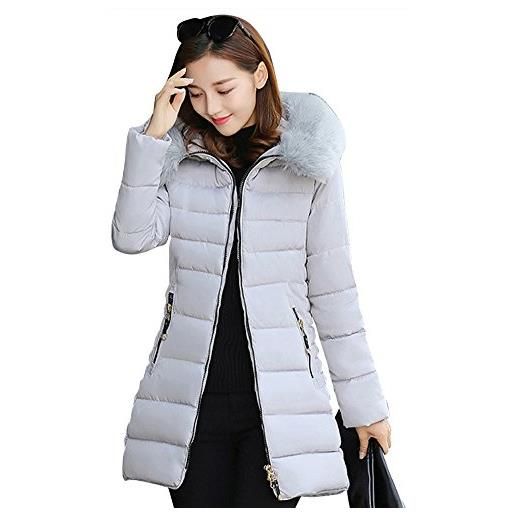 ZhuiKun donna giubbino con cappuccio di pelliccia cerniera imbottito invernale calda giacca cappotto grigio s