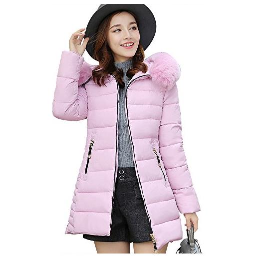 ZhuiKun donna giubbino con cappuccio di pelliccia cerniera imbottito invernale calda giacca cappotto pink l