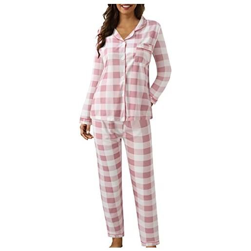 Generic pigiami invernali completo da pigiama da pigiama a maniche lunghe in due pezzi con stampa scozzese con bottoni sul risvolto casual da donna pigiama ragazza caldo cotone invernale (pink, l)